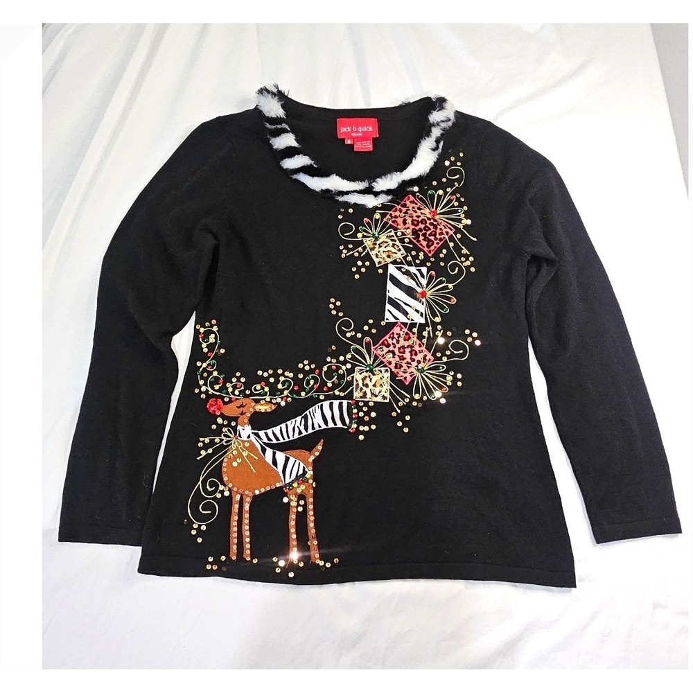 Jack B Quick Holiday Sweater Women's Medium Black Reindeer Sequin Animal Print
